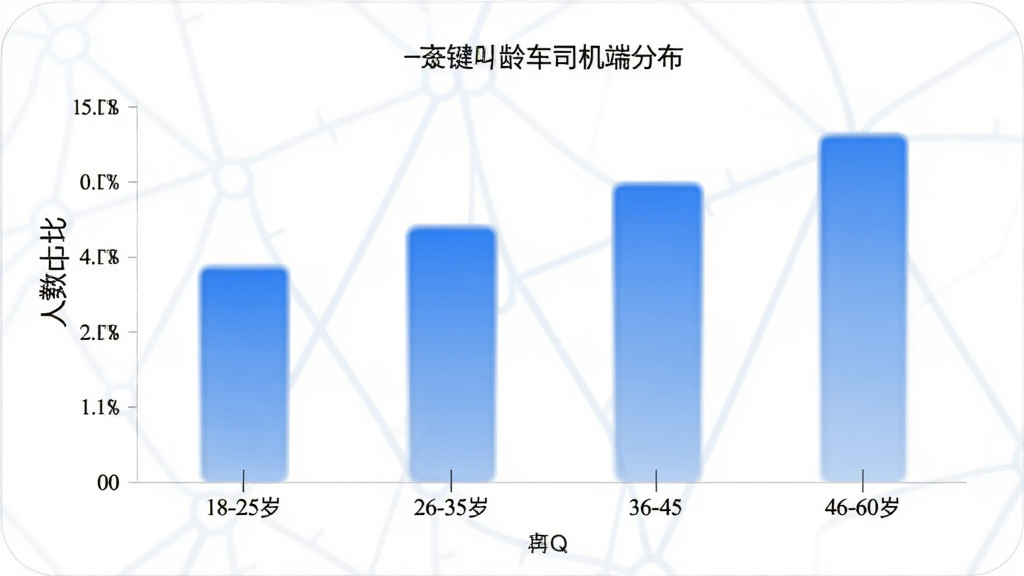 一键叫车司机端用户年龄分布柱状图,横轴为年龄段18-25岁、26-35岁、36-45岁、46-60岁,纵轴为人数占比,柱子颜色为蓝色渐变,图表简洁清晰,背景白色,画质干净,无多余元素