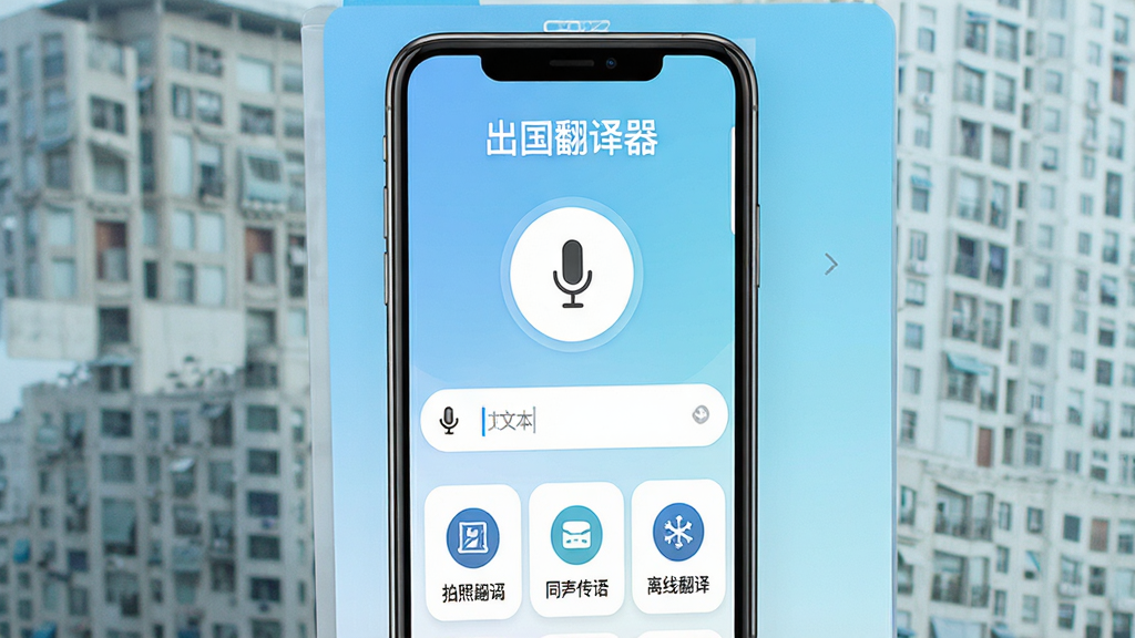 一张展示出国翻译器APP核心功能的手机界面截图,画面中央是一部现代智能手机,屏幕显示着出国翻译器APP的主界面,界面设计简洁,顶部有“出国翻译器”字样,中间是语音输入麦克风大按钮和文本输入框,下方排列着拍照翻译、同声传译、离线翻译等功能图标,背景是浅蓝色渐变,风格现代扁平化,细节清晰,画质干净无多余元素