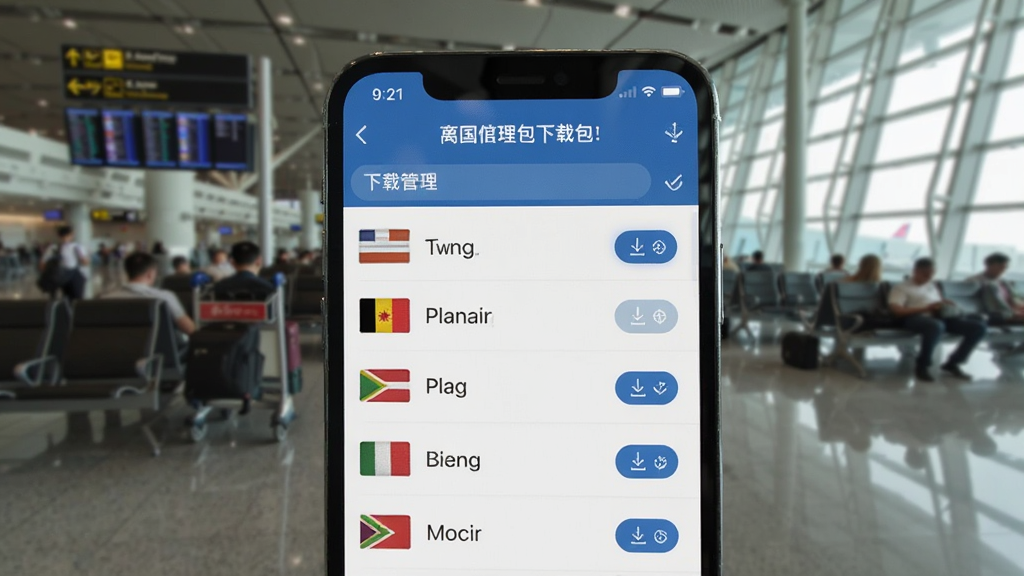一部手机屏幕显示出国翻译器APP的离线语言包下载管理界面,列表中有多国国旗图标和语言名称,旁边有下载按钮和已下载的勾选标记,手机背景是模糊的机场候机厅场景,画面风格写实,细节清晰,画质干净