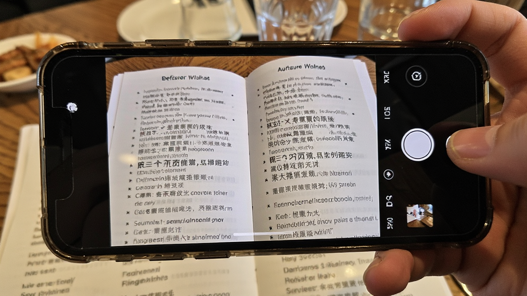 一部手机正在拍摄一份外文菜单,手机屏幕上显示出国翻译器APP的拍照翻译界面,菜单上的外文文字被识别并覆盖上了中文翻译,画面清晰展示了翻译前后的对比效果,背景是餐厅桌面,风格写实,画质干净
