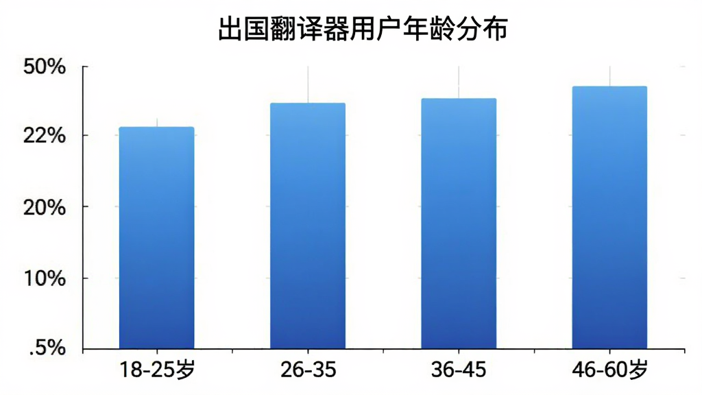 一张柱状图,横轴显示年龄段18-25岁、26-35岁、36-45岁、46-60岁,纵轴显示用户占比百分比,柱状图颜色为蓝色渐变,图表标题为“出国翻译器用户年龄分布”,背景为白色,风格简洁专业,画质干净