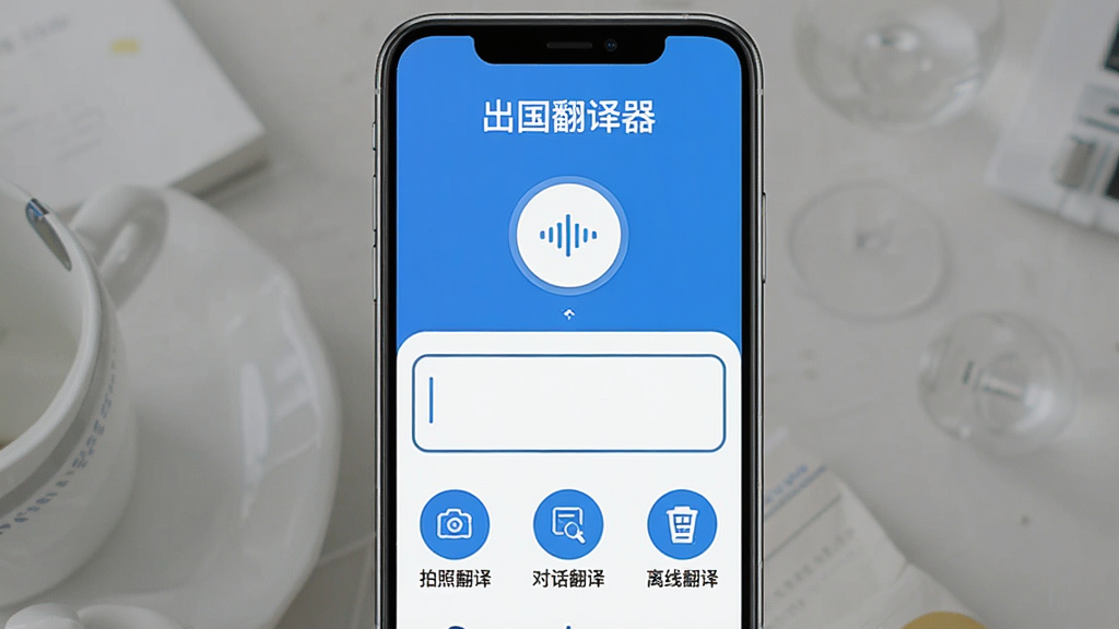 一张展示出国翻译器APP主界面的手机截图,界面以蓝白为主色调,顶部有“出国翻译器”文字,中间是醒目的语音输入按钮和文本输入框,下方整齐排列着拍照翻译、对话翻译、离线翻译等功能图标,整个界面没有任何广告横幅或弹窗,风格极简清爽,画质干净