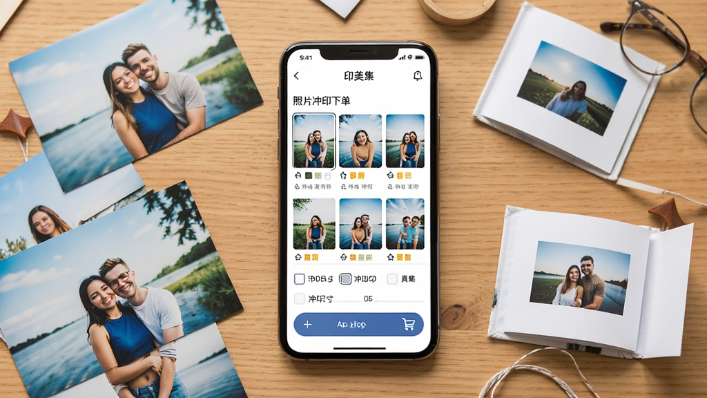 一张展示印美集App核心功能的宣传图,画面中央是一部智能手机,手机屏幕上显示着印美集App的照片冲印下单界面,界面中有多张照片缩略图、冲印尺寸选项和购物车图标,手机周围散落着几张刚冲印出来的亮面照片和一本小巧的照片书,背景是温馨的原木桌面,整体风格清新明亮,画质干净清晰,无多余元素