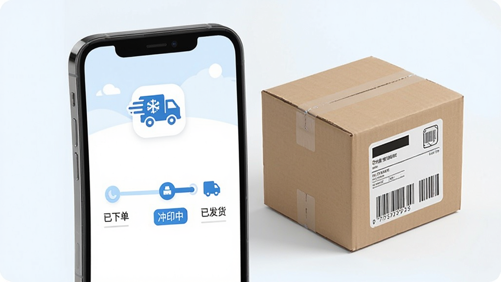 印美集App的订单追踪页面示意图,画面中心是手机屏幕显示着订单进度条,进度条上有“已下单”、“冲印中”、“已发货”三个节点,当前处于“冲印中”状态,屏幕上方有物流公司的图标,手机旁边放着一个贴了快递单的包裹盒,整体色调是清新的蓝白色,风格简洁现代,画质干净,无多余元素