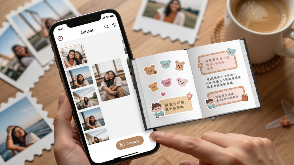 印美集App的照片书编辑界面截图风格图,画面主体是手机屏幕显示着照片书自动排版页面,左侧是照片素材库,右侧是翻开的照片书预览,书页上有可爱的贴纸和文字框,屏幕外有一只手正在点击换模板按钮,背景是散落的照片和一杯咖啡,风格温馨生活化,画质细腻,干净无杂物