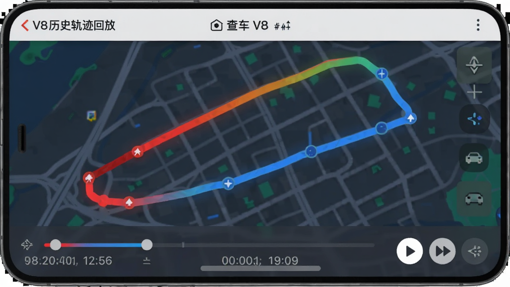 手机查车V8历史轨迹回放界面,地图上显示一条彩色渐变轨迹线,红色代表高速路段蓝色代表低速路段,底部有时间轴和播放控制按钮,界面风格现代扁平,文字标签清晰,画质干净整洁