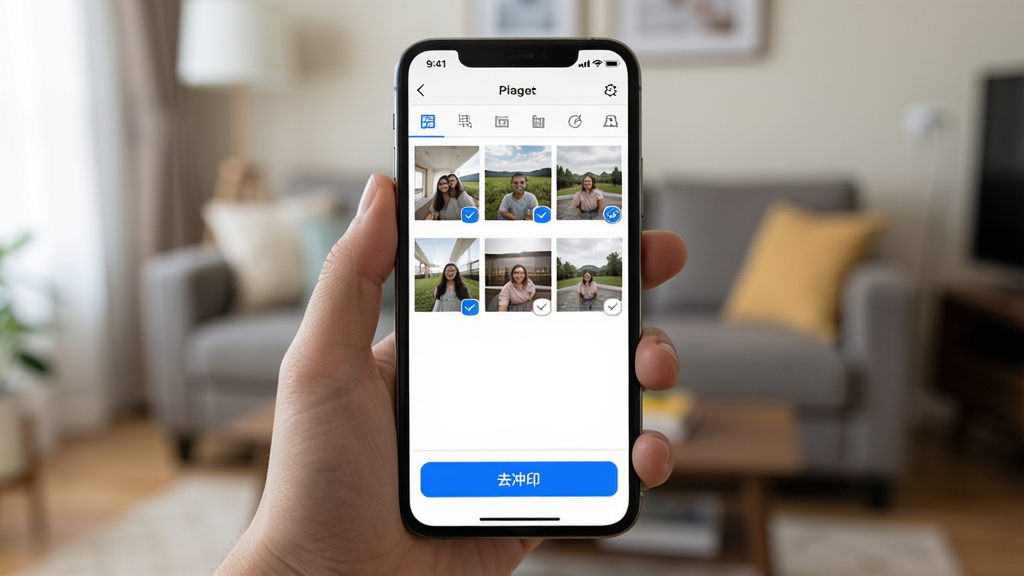 印美集App在手机上选照片准备冲印的操作截图风格图,画面主体是一只手拿着手机,手机屏幕显示着相册照片多选界面,已经勾选了五张照片,屏幕底部有一个蓝色的“去冲印”按钮,背景是虚化的客厅环境,风格真实自然,画质清晰,无多余元素