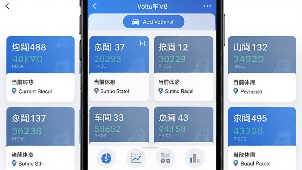 手机查车V8多车管理界面,屏幕上排列多个车辆卡片,每个卡片显示车牌号、当前状态和位置摘要,顶部有添加车辆按钮,底部为统计图表入口,界面布局整齐,蓝白灰色调,扁平化风格,画质清晰干净