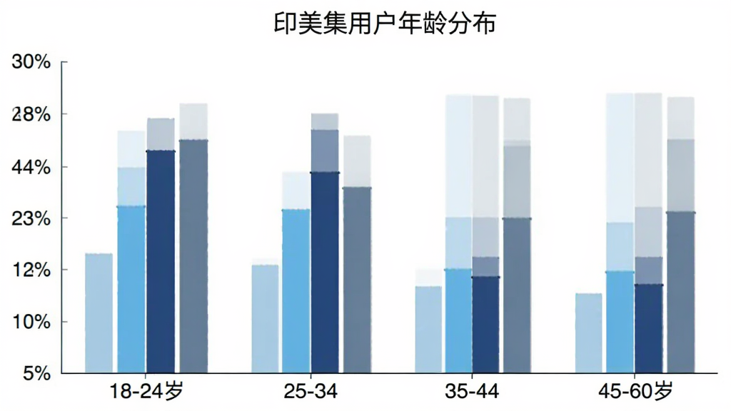 印美集用户年龄分布柱状图,横轴是年龄段18-24岁、25-34岁、35-44岁、45-60岁,纵轴是用户占比百分比,柱子颜色分别是浅蓝、天蓝、深蓝、灰蓝,图表标题为“印美集用户年龄分布”,背景纯白,风格简洁数据可视化,画质干净,无多余元素