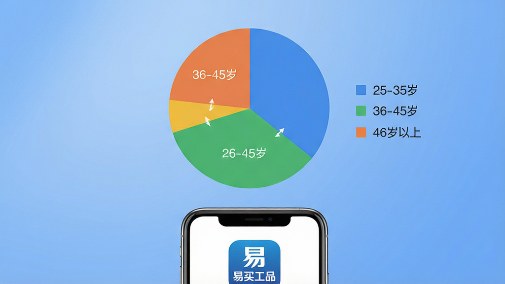 һ��չʾ������Ʒ��APP�û�����ֲ���״ͼ��ͼ���廭������������һ����ɫ�ı�״ͼ����Ϊ���飬�ֱ��ע��25-35�ꡱ����36-45�ꡱ����46�����ϡ�����ͼ�Ա���ͼ��˵����ͼ���·���һ���ֻ���ʾ������Ʒ��APPͼ�꣬��������͵����������䣬�����רҵ��ϸ�����������ʸɾ����޶���Ԫ��