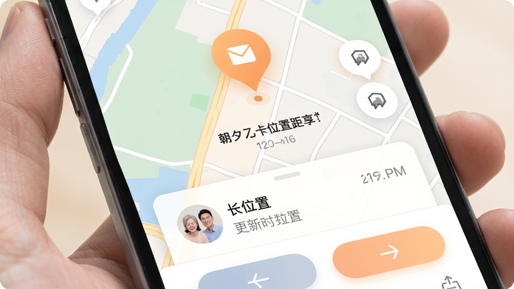�ֻ���Ļչʾ��Ϧ���λ�ù������棬��ͼ����ʾһ����ů�Ķ�λ��Ǻ���Ů�볤���ľ�����Ϣ���·���Ƭ��ʾ������ǰλ�ú͸���ʱ�䣬������ɫ��ͣ���ť�����׵㣬�����ʵ�ã����ʸɾ��޶���Ԫ��
