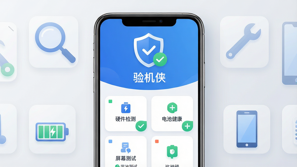 画面中央展示一部智能手机,手机屏幕显示“验机侠”应用的主界面,界面布局清晰,顶部有醒目的盾牌与对勾组合图标,中间区域排列着硬件检测、电池健康、屏幕测试等功能卡片,卡片采用圆角设计,背景为干净的浅灰渐变,手机周围环绕着放大镜、扳手、电池、屏幕等半透明工具图标,整体风格现代扁平,色彩以蓝白为主点缀绿色,细节精致,画质干净无多余元素
