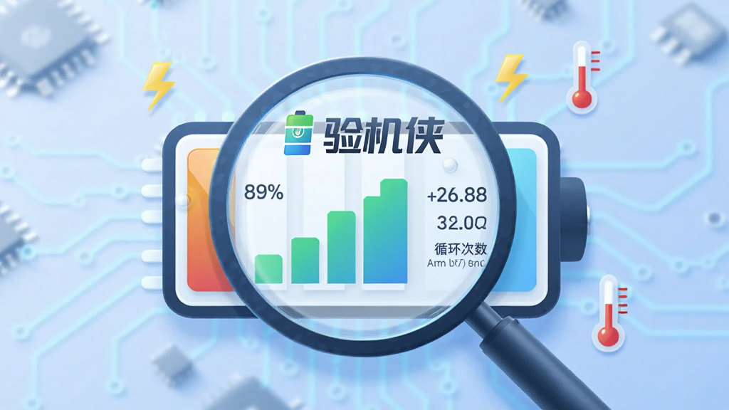 画面中心是一个带有“验机侠”标志的电池图标被放大展示,电池内部用柱状图填充,旁边显示百分比数字和循环次数,背景是淡蓝色的电路板纹理,电池周围有微小的闪电符号和温度计图标,整体风格简洁科技,色彩明亮,画质干净,无多余元素