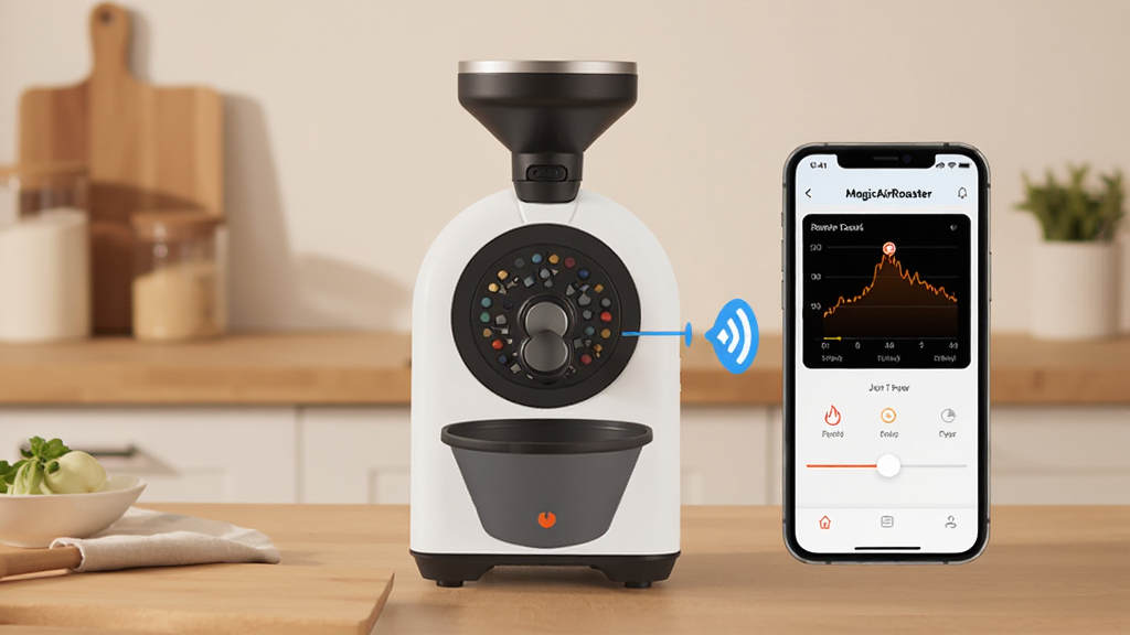 һ��չʾMagicAirRoaster�����決������App�������ͼƬ������������һ̨С�Ϳ����決�����ֻ�ͨ���������ӣ��ֻ���Ļ��ʾʵʱ�¶����ߺͻ������ڻ��飬��������ܰ�ĳ���̨�棬��������������ִ���ƽ��ϸ�ڸɾ������ʸ����޶���Ԫ��