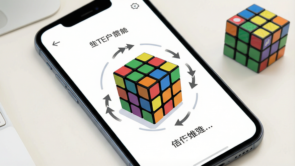 一张展示拼魔方App核心全貌的图片,画面主体是一部智能手机,手机屏幕上显示着拼魔方App的主界面,界面中央是一个色彩鲜艳的三阶魔方3D模型,周围环绕着步骤提示文字和旋转箭头图标,背景是简洁的浅色桌面,桌面上还散落着一个真实的魔方,布局采用居中构图,风格现代扁平化,细节清晰圆润,画质干净明亮,无多余元素