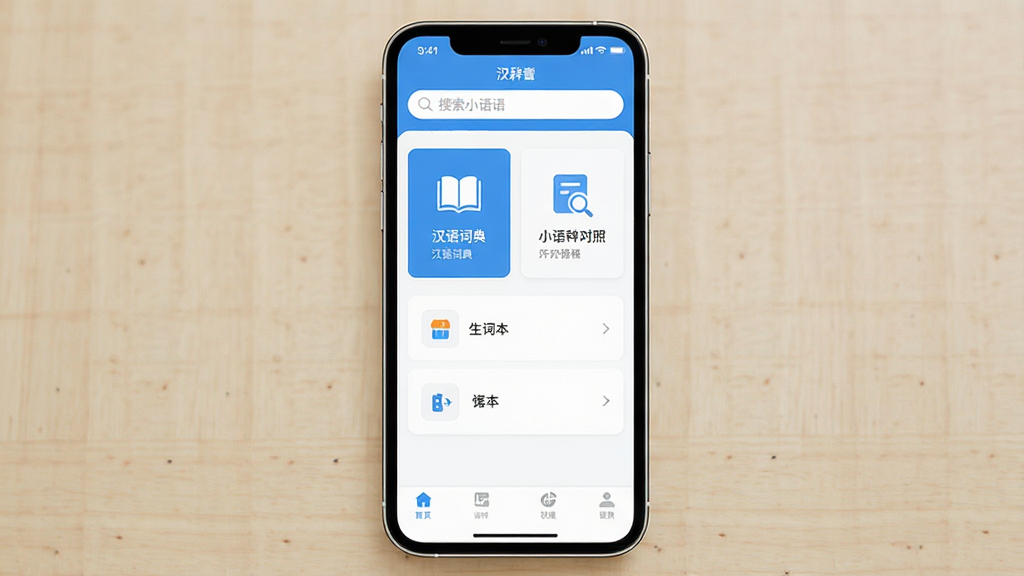 汉辞小语种软件主界面全貌展示,画面中央是手机屏幕,屏幕内显示汉辞小语种APP的首页,顶部搜索框清晰可见,中间排列着汉语词典、小语种对照、生词本三个功能卡片,底部为导航栏,整体配色为清爽的蓝白色调,背景干净无杂物,扁平化设计风格,画质清晰无多余元素
