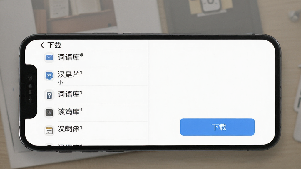 汉辞小语种离线词库管理界面展示,手机屏幕内显示已下载词库列表和下载按钮,界面以白色背景为主,文字清晰,图标简洁,整体风格干净利落,画质清晰无多余元素