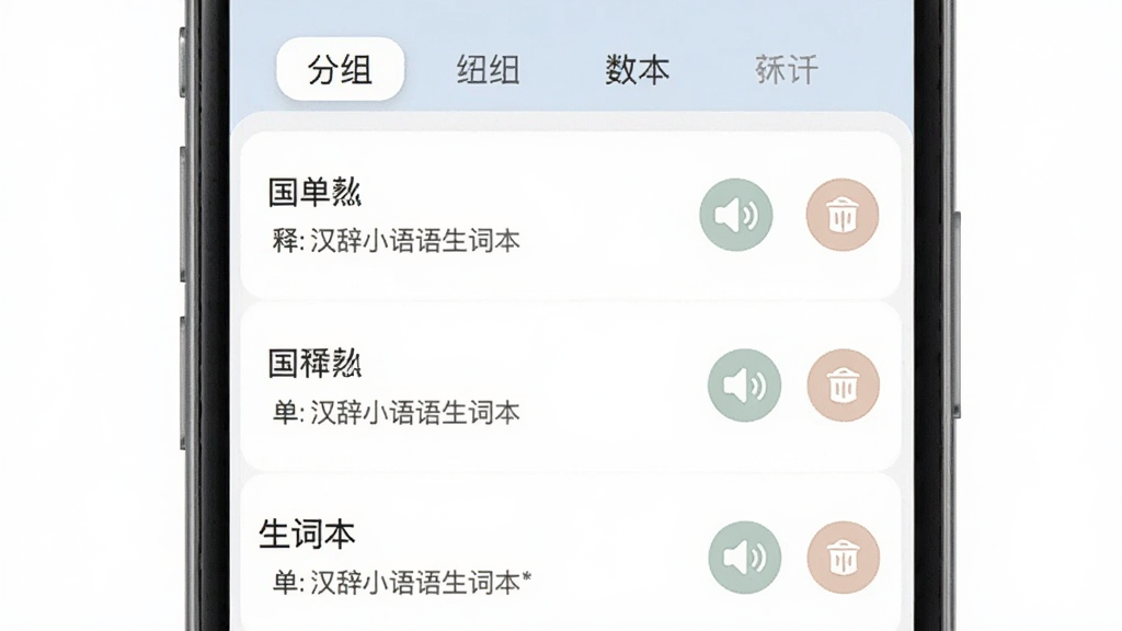 汉辞小语种生词本功能界面展示,手机屏幕内显示生词本列表,每个词条左侧有单词和释义,右侧有发音图标和删除按钮,顶部有分组标签,整体布局清晰,配色柔和,风格简约,画质干净无多余元素