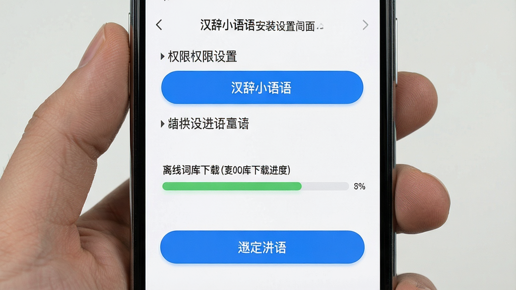 汉辞小语种安装设置界面展示,手机屏幕内显示权限设置和离线词库下载进度条,界面清晰,按钮醒目,风格简洁,画质干净无多余元素