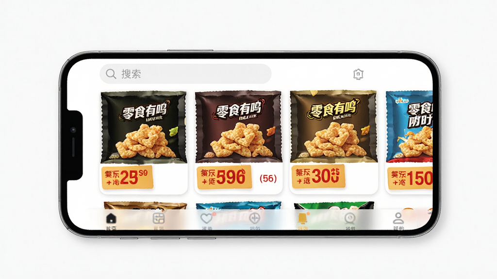零食有鸣 手机APP界面展示 主体是一个现代简约风格的手机屏幕 布局为首页顶部搜索栏 中间是各种零食商品卡片 底部导航栏 排版整齐 风格清新明亮 细节上商品图片清晰 价格标签醒目 画质干净 无多余元素