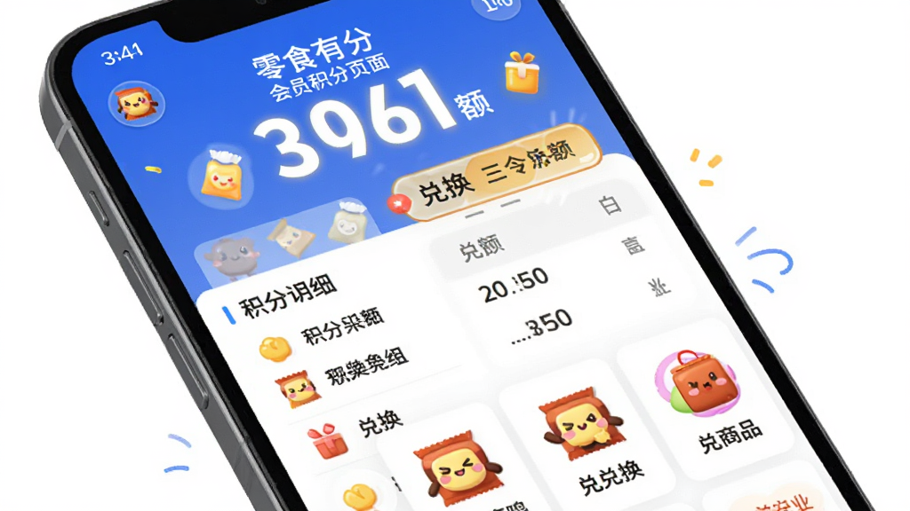 零食有鸣 会员积分页面 主体是手机屏幕显示积分余额和兑换选项 布局为顶部积分数字 下方是积分明细列表和兑换商品卡片 排版清晰 风格活泼 细节上数字突出 图标可爱 画质干净 无多余元素