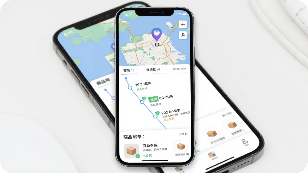 零食有鸣 订单物流跟踪界面 主体是手机屏幕显示订单地图和配送状态 布局为顶部地图 中间是物流节点时间线 底部是商品清单 排版直观 风格现代 细节上地图定位精准 时间线清晰 画质干净 无多余元素