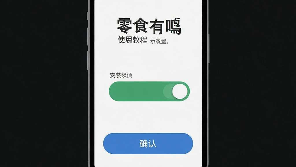 零食有鸣 使用教程示意图 主体是手机屏幕显示安装权限设置界面 布局为顶部提示文字 中间是权限开关按钮 底部是确认按钮 排版简洁 风格扁平 细节上按钮圆润 文字清晰 画质干净 无多余元素