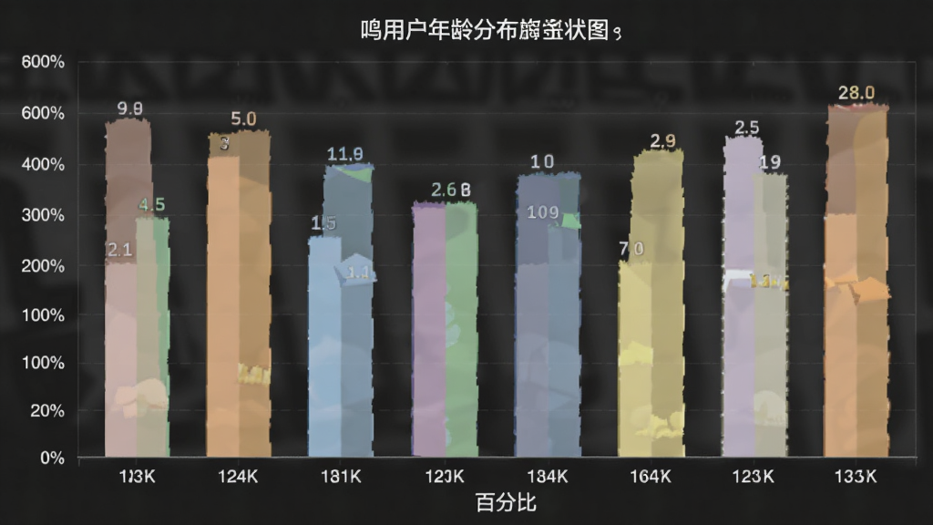 零食有鸣 用户年龄分布柱状图 主体是柱状图展示不同年龄段占比 布局为横轴年龄区间 纵轴百分比 柱体颜色区分 排版清晰 风格数据可视化 细节上数字标注明确 颜色柔和 画质干净 无多余元素