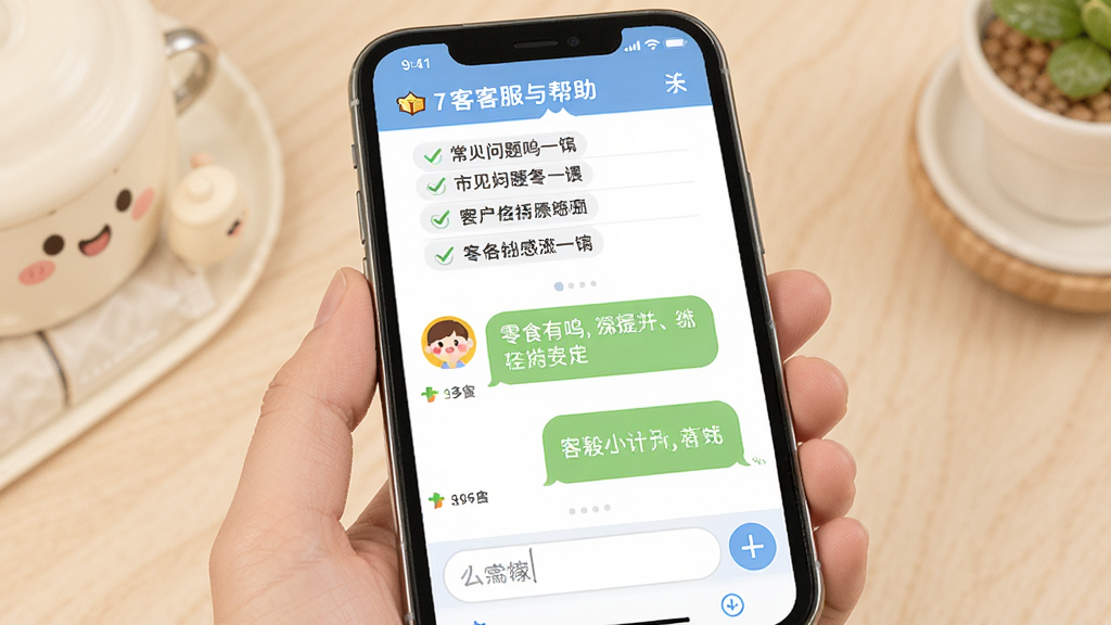 零食有鸣 客服与帮助界面 主体是手机屏幕显示在线客服对话框 布局为顶部常见问题列表 中间是对话气泡 底部是输入框 排版友好 风格亲切 细节上头像可爱 文字易读 画质干净 无多余元素
