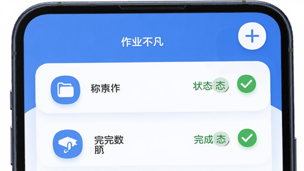 作业不凡 数据记录界面 手机屏幕显示 蓝色主题 列表式布局 每条作业记录带有科目图标和完成状态勾选 右上角有加号按钮 背景干净 图标圆润 风格统一 画质清晰 无杂乱元素
