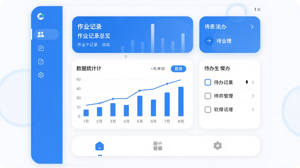 作业不凡 软件主界面 蓝色清新风格 顶部显示作业记录总览卡片 中间是数据统计图表和待办列表 底部有三个简洁的导航图标 整体布局干净 白色背景 圆角设计 现代扁平化风格 画质清晰 无多余元素