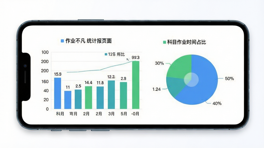 作业不凡 统计报表页面 手机屏幕显示 彩色柱状图和饼图 展示各科目作业时间占比 蓝色和绿色为主色调 图表清晰 数据标签明确 背景白色 现代扁平风格 画质干净 无多余装饰