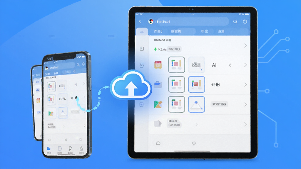 作业不凡 多设备同步示意图 一部手机和一台平板电脑并排显示 屏幕上都展示着相同的作业列表界面 中间有云朵同步图标连接 蓝色渐变背景 科技感适度 风格简洁 画质清晰 无多余元素