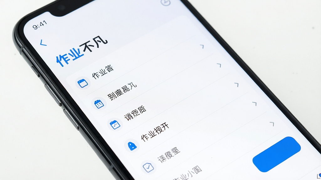 作业不凡 无广告清爽界面 手机屏幕特写 显示简洁的作业列表 没有广告横幅和弹窗 白色背景 蓝色点缀 界面留白充足 风格极简 画质干净 无任何推广元素