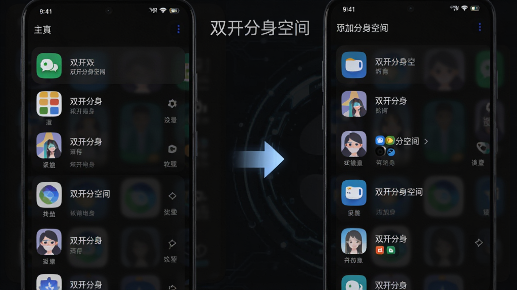 画面展示“双开分身空间”的添加应用界面,左侧是手机原生应用列表,右侧是已经添加的分身应用列表,中间有一个引导箭头,背景为深色模式,界面文字清晰可见“双开分身空间”字样,风格简洁科技感,干净无多余元素