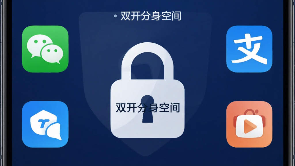 画面展示“双开分身空间”的隐私设置界面,一个手机屏幕中央有一个大锁图标,锁上显示“双开分身空间”字样,周围环绕着微信、支付宝等应用图标,背景为深蓝色,风格安全可靠,画质干净无多余元素