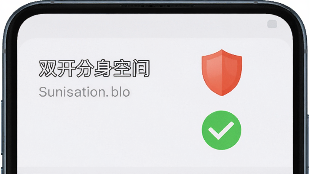一部手机屏幕上显示“双开分身空间”的权限设置页面,旁边有一个红色盾牌图标和绿色对勾图标,背景为浅色,风格直观,画质干净无多余元素