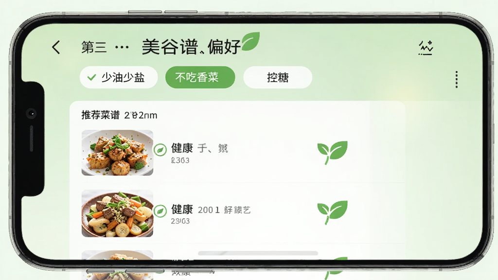 ����ʳ����ʳƫ�����ý��棬�ֻ���Ļ��ʾ�������Ρ�������ˡ�����������ѡ��ǩ���·��Ƽ������б���ÿ�����Ա�����ɫҶ��ͼ���ʾ�����������ǵ���ɫ���䣬���沼�����������ʸɾ��޶���Ԫ��