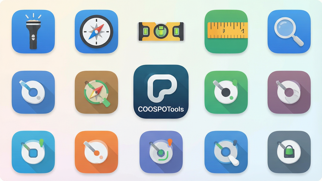 һ��չʾCOOSPOTools�ֻ�Ӧ���������ͼƬ������������Ӧ��ͼ������ơ�COOSPOTools������Χ�����Ÿ���ʵ��С����ͼ�����ֵ�Ͳ��ָ���롢ˮƽ�ǡ������ߡ��Ŵ󾵵ȡ����ֲ�������״���У��Ű����������Ϊ�ִ���ƽ����ƣ�ϸ�ڴ�ͼ��Բ���࣬���ʸɾ��������޶���Ԫ�أ�����Ϊǳɫ���䡣