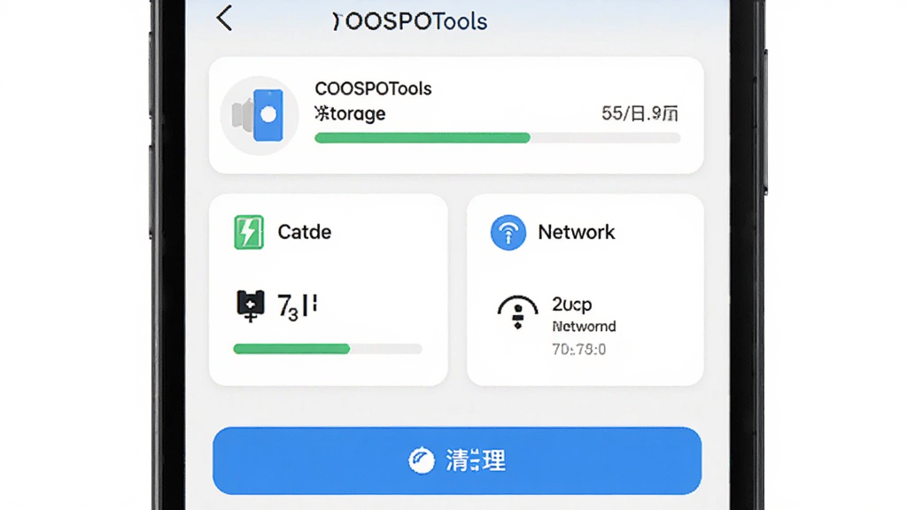 һ��AI���ɵ�ͼƬ������չʾCOOSPOToolsӦ���е��豸�������档�������ֻ���Ļ��ʾ�豸��Ϣ�����������϶������豸�ͺźʹ洢�����м��ǵ��״̬��������Ϣ��Ƭ���ײ���������ť���Ű����������Ϊ�������Ŀ�Ƭʽ��ƣ�ϸ�ڴ���ͼ��ͽ����������ʸɾ��������޶���Ԫ�ء�