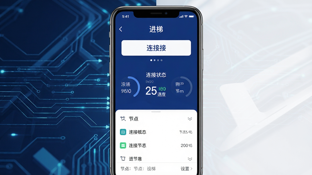 一张展示手机屏幕的图片,屏幕中央是“进梯”APP的主界面,界面设计简洁现代,以深蓝色和白色为主色调,顶部有醒目的连接按钮,中间显示连接状态和速度,底部有节点列表和设置选项,背景是抽象的科技感线条,风格扁平化,画质清晰干净,无多余元素