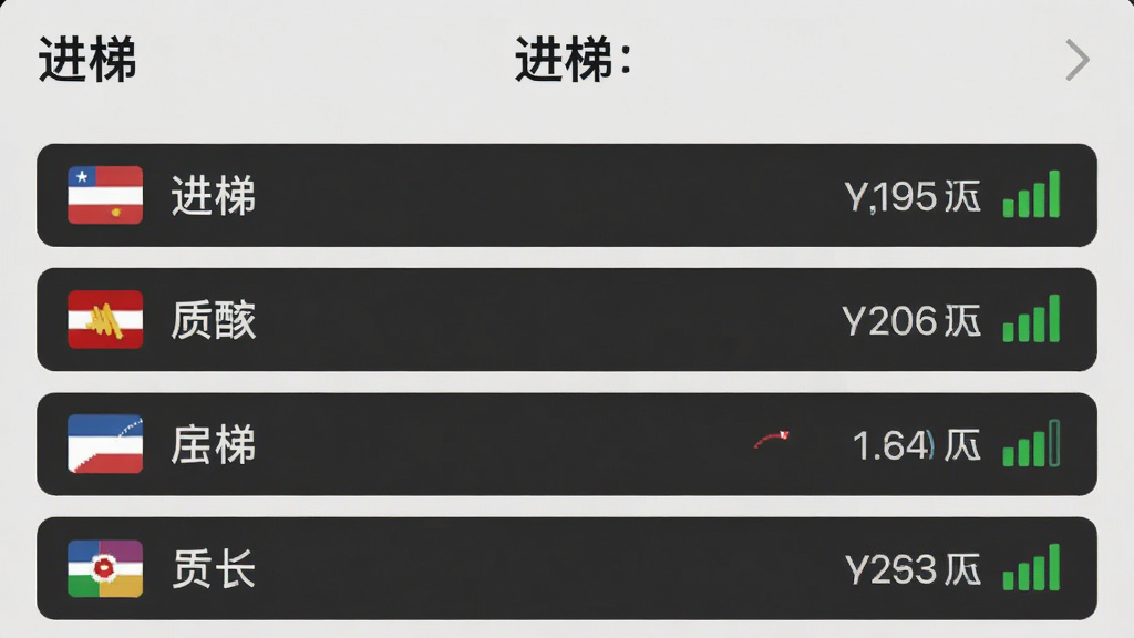 一张展示“进梯”APP节点列表界面的图片,列表中显示多个国家和地区的节点选项,每个节点旁边有延迟数值和信号强度图标,界面背景为浅灰色,文字清晰,布局整齐,风格简洁,画质干净无多余元素