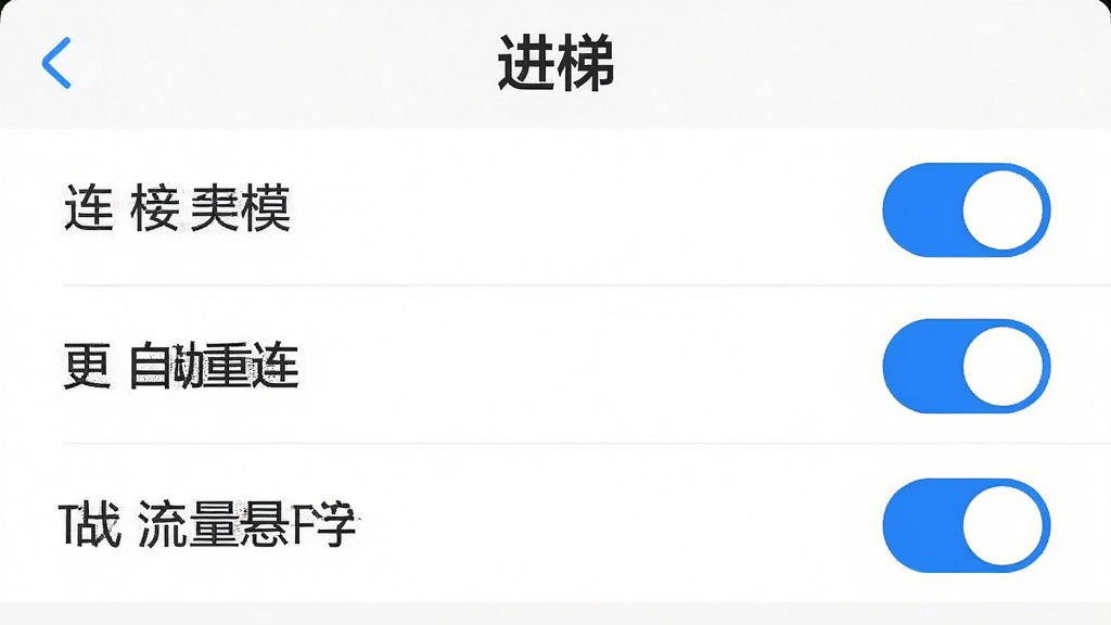 一张展示“进梯”APP设置界面的图片,界面中有连接模式、自动重连、流量悬浮窗等选项开关,背景为白色,开关按钮为蓝色,文字标签清晰,布局简洁,风格现代,画质干净无多余元素