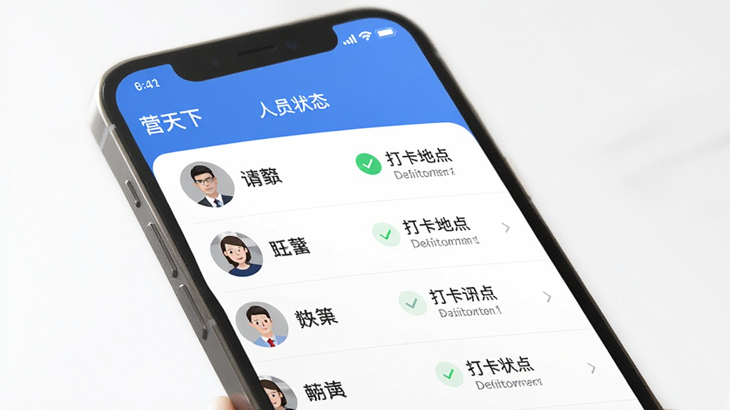 һ��չʾ��Ӫ���¡�APP���ڹ��������ͼƬ�������������ֻ���Ļ��ʾ��Ա�б��ʹ�״̬�������������Աͷ����������Ҳ���ʾ��ʱ��͵ص㣬�Ű����룬����������Լ�磬ϸ���ϰ�����ɫ�Թ���ʾ�Ѵ򿨣����ʸɾ��޶���Ԫ��