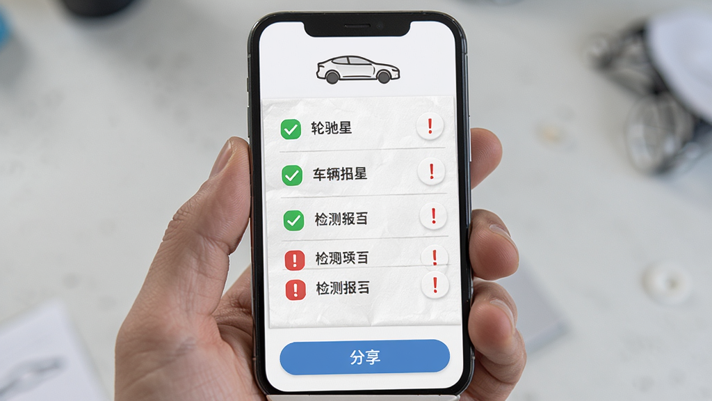 �ֳ���App��ⱨ������ͼ���ֻ���Ļ����ʾһ�ݳ�����ⱨ�棬����ɫ�Թ��ͺ�ɫ��̾�ű�ǵ���Ŀ�б��������г�������ͼ�꣬�ײ��С���������ť�������ǰ�ɫֽ�����������רҵ������ϸ�����������ʸɾ��޶���Ԫ��