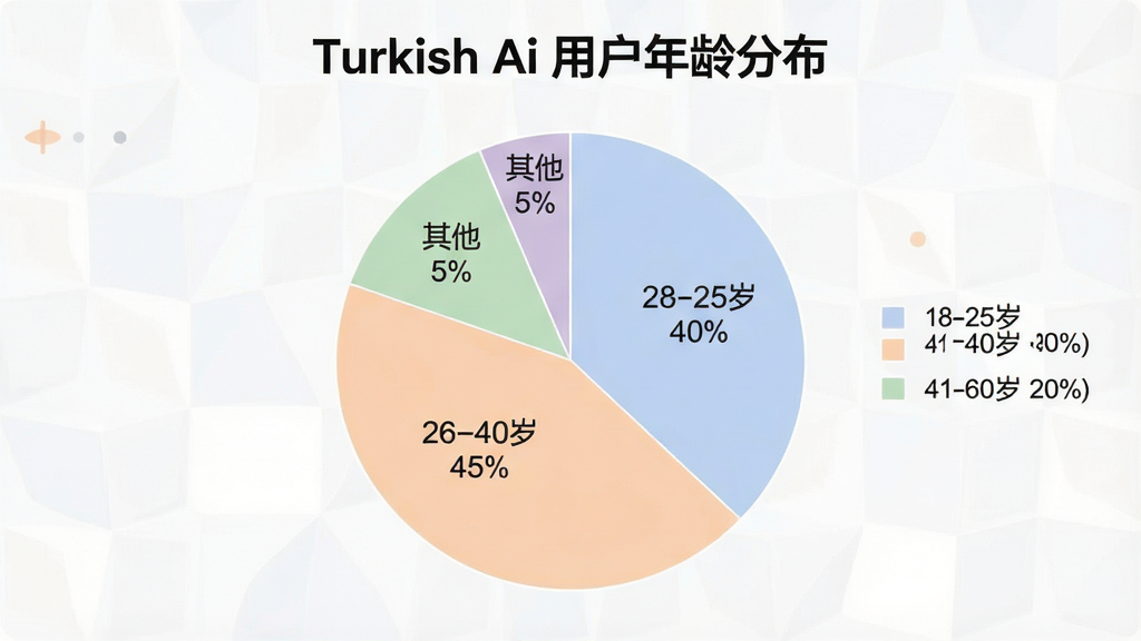 һ��չʾ Turkish Ai �û�����ֲ��ı�״ͼ��������Բ�α�ͼ�����־�����ʾ��ͼ����Ϊ�ĸ������ֱ��ע��18-25�� 40%����26-40�� 35%����41-60�� 20%�������� 5%�����Ű����������Ϊ�������ݿ��ӻ���ϸ������ɫ��ʹ���ͼ��˵�������ʸ���ɾ��������������֡�Turkish Ai �û�����ֲ���