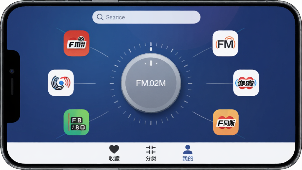 FM������������� App ������չʾ���ֻ���Ļ������ʾһ��Բ�ε�Ƶ��ť����Χ������ȫ�����صĵ�̨ͼ�꣬��������͵�����ɫ���䣬���������������ײ����ղء����ࡢ�ҵ�����ѡ�������ɾ���ˬ���������������ʸɾ��޶���Ԫ��