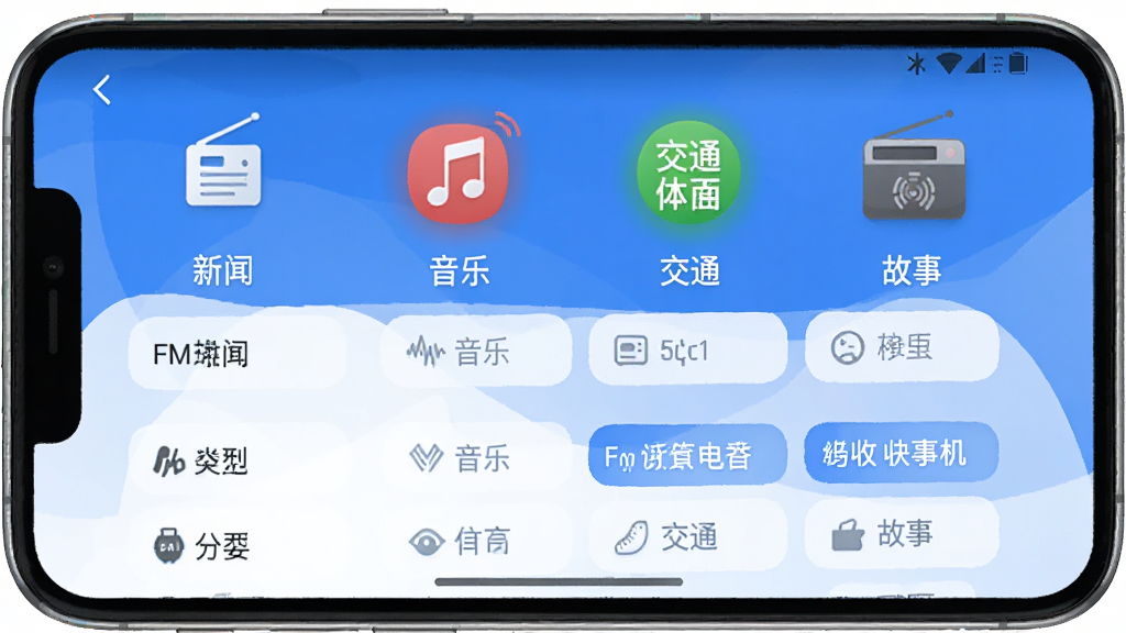 FM������������� ��̨������棬�ֻ���Ļչʾ�����б��͵�̨���ͱ�ǩ���������š����֡���ͨ�����������µȷ���ͼ�꣬����������Ϊ��ɫ�����������룬����ִ���ƽ�����ʸɾ��޶���Ԫ��