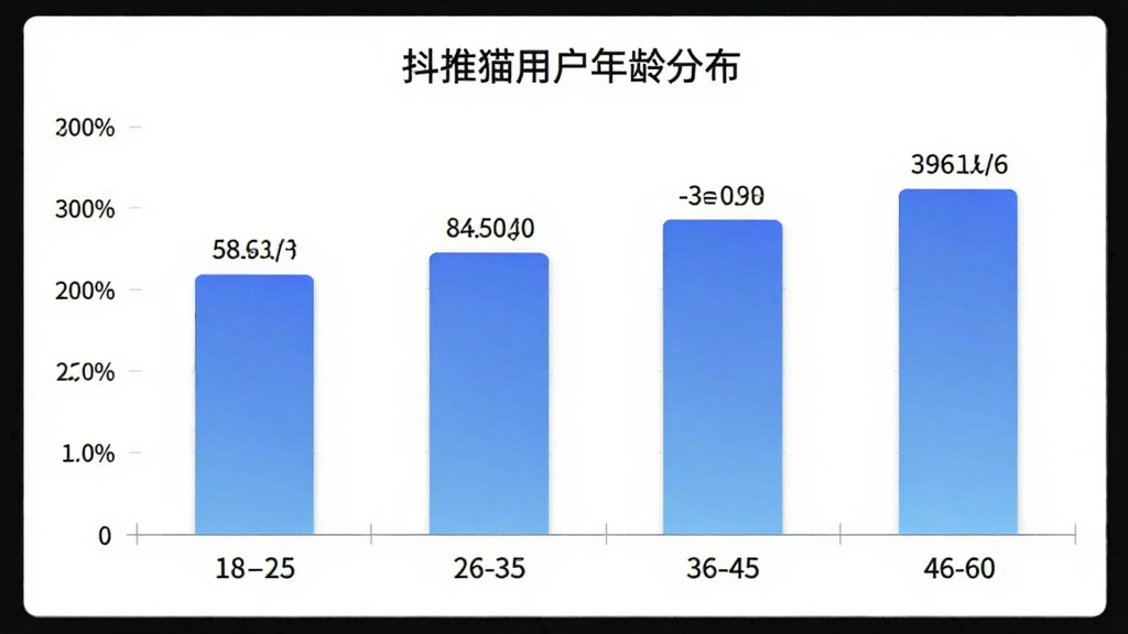 抖推猫 用户年龄分布柱状图 横轴为年龄段18-25 26-35 36-45 46-60 纵轴为用户占比 柱状颜色蓝色渐变 图表标题“抖推猫用户年龄分布” 背景干净 数据标签清晰 扁平化信息图风格