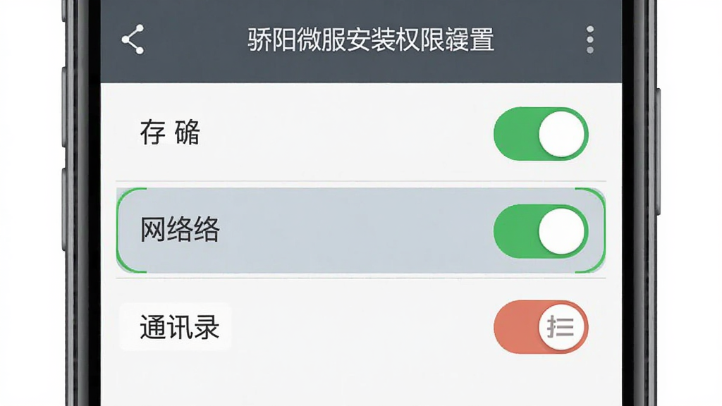 一张展示骄阳微服安装权限设置界面的示意图,主体是手机屏幕显示应用权限管理页面,布局分列显示各项权限的开关状态,排版简洁明了,风格是扁平化UI设计,细节上高亮标注存储和网络权限为允许状态、通讯录权限为拒绝状态,画质清晰干净,无多余元素。